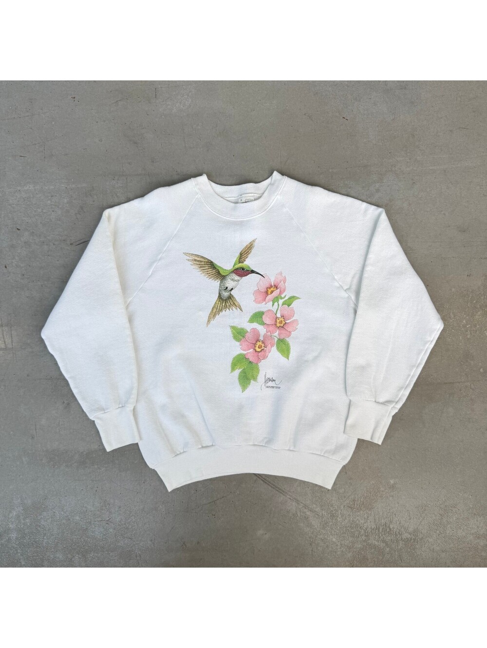 Vintage 90s Humming Bird Flower Graphic Flawed Sweatshirt Medium White